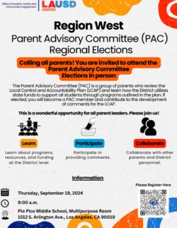 Region West Parent Advisory Committee Elections Flyer / Folleto sobre las elecciones del Comité Asesor de Padres de la Región Oeste